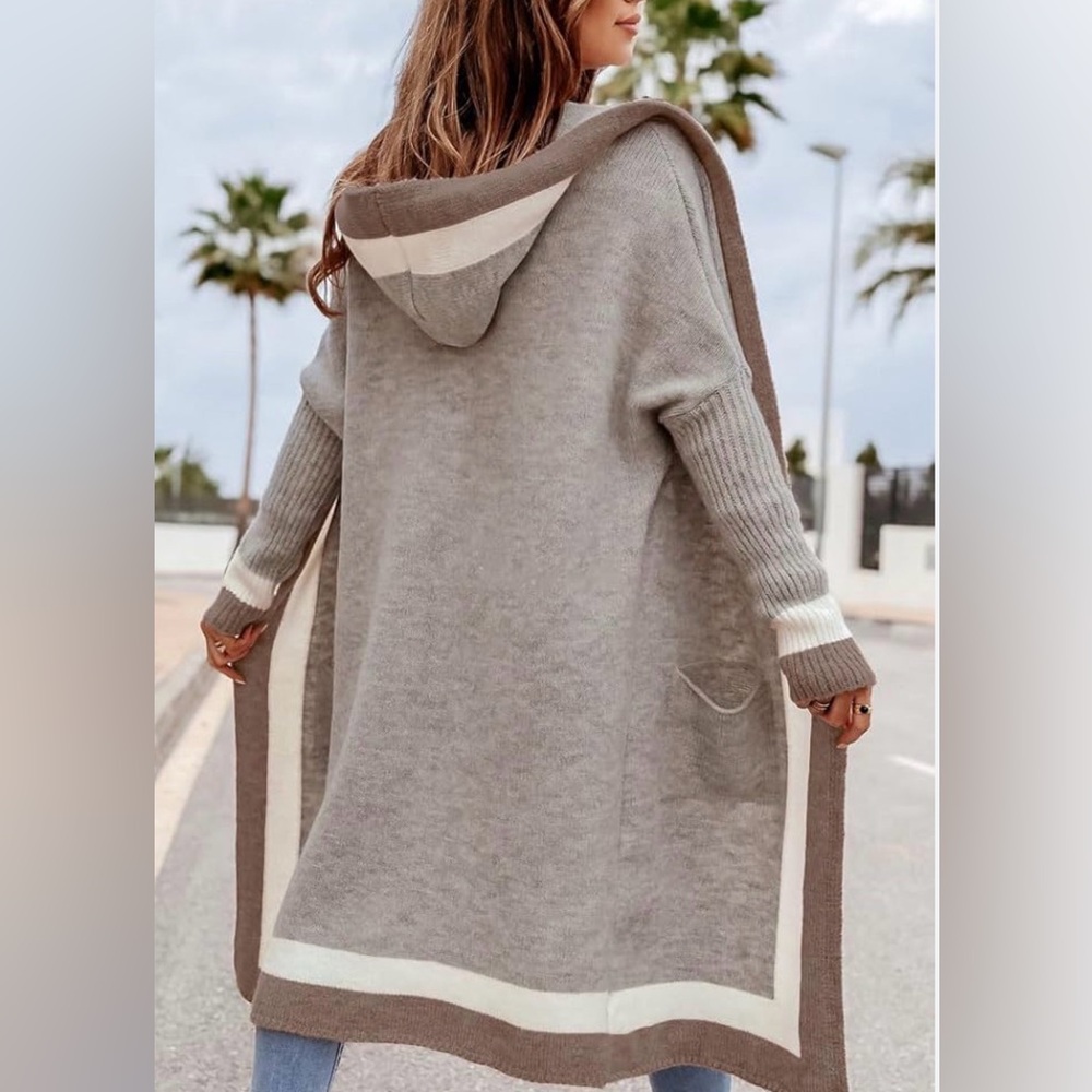 Chouyatou Hooded Color Block Knit Cardigan Apricot Khaki Viscose Blend Size L - Picture 3 of 9